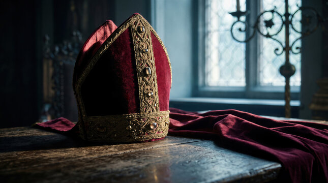 Mitre bishop hat on wooden table, traditional red velvet and gold embroidery religious headwear for ceremony, ceremonial object.