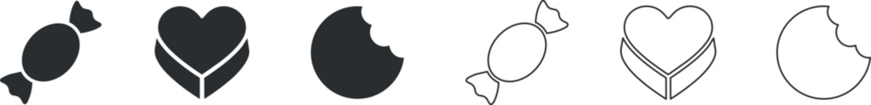 Candy, heart-shaped chocolate, and bitten cookie icons in solid and outline styles