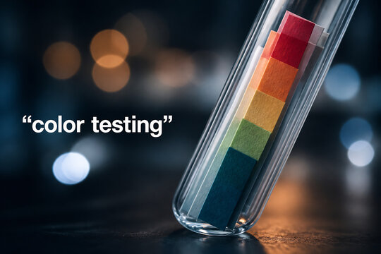 A test tube with colored strips is shown on a dark surface against a blurred background.