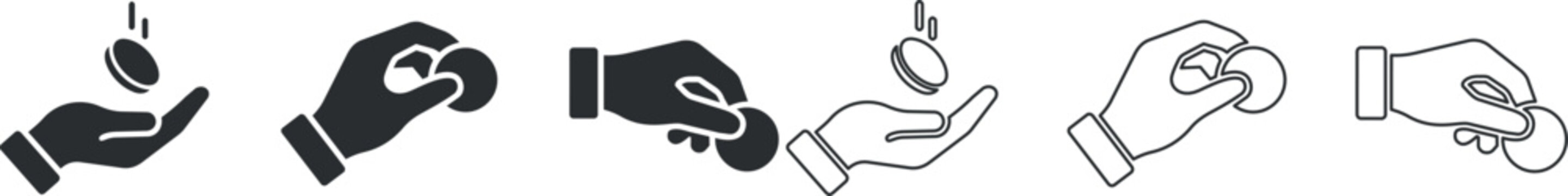 Hand giving and receiving coin icons in solid and outline styles