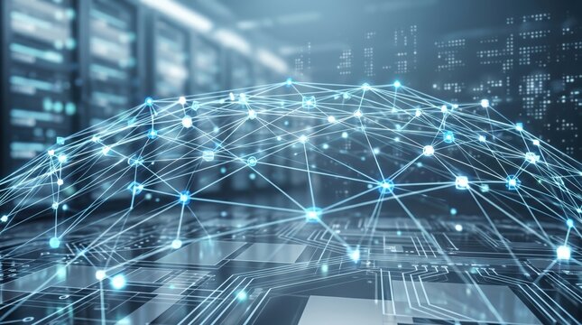 Abstract digital network connection background with glowing nodes and lines over circuit board, representing artificial intelligence, blockchain technology