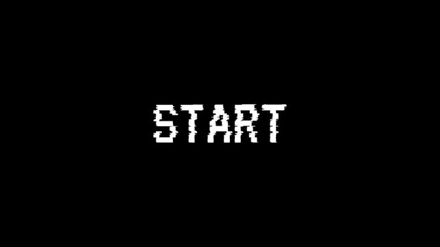 8 bit pixel Start text animation with glitch effect on black background. Classic retro game start screen typography for arcade, gaming UI, and nostalgic interfaces. 4k video