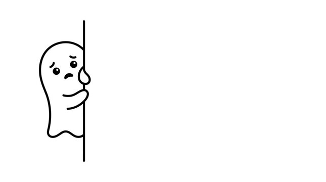 A shy and sad little ghost peeking from behind a vertical wall line.