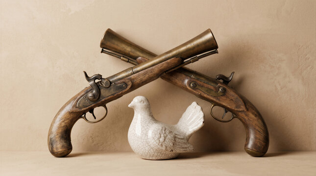 Vintage flintlock pistols crossed with ceramic dove figure on textured background, concept of peace and conflict.