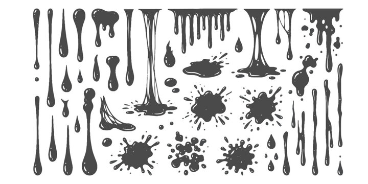 Set of black liquid drips splatters and sticky slime drops isolated design elements