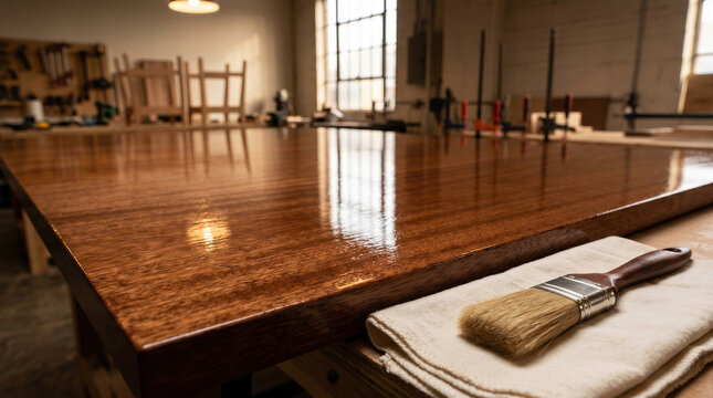 Glossy wood surface finish with varnish in carpentry workshop, polished table top with brush and cloth, furniture restoration, craftsmanship.