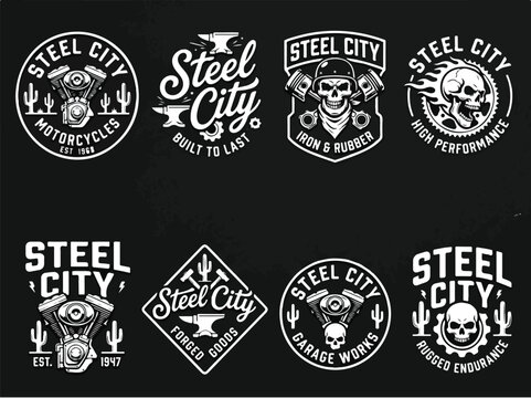 Set of vintage motorcycle and garage workshop logos featuring skulls and engines on black background.