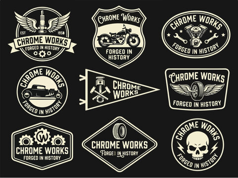 Vintage Chrome Works Automotive and Motorcycle Logo Badges Collection.