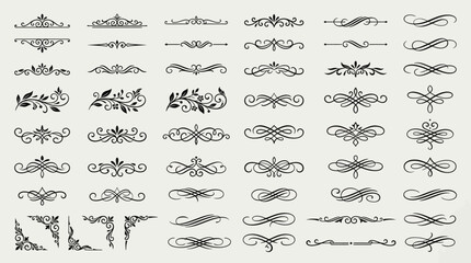 Large collection of elegant black decorative flourishes, ornamental dividers, vintage scrollwork, and filigree border elements for wedding invitations, certificates, and classic document design. © Ayong