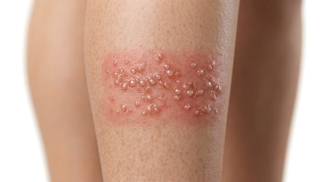 Close-up of a leg with a red, inflamed rash covered in small, fluid-filled blisters, indicative of a viral infection like shingles or herpes, highlighting skin condition and medical concern for