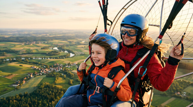 Mother and Son Flying Together on Powered Paraglider Paramotor