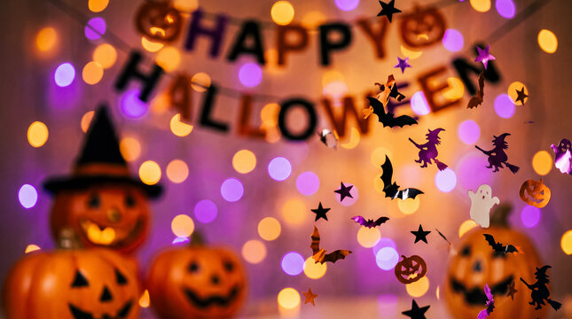 Happy halloween letter banner with glowing jack o' lanterns, flying bats, witches, ghosts, and bokeh lights atmosphere