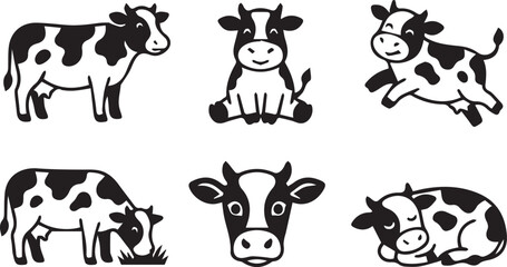 Obraz premium Set of Six Cute Cartoon Cows in Various Poses for Farm Design