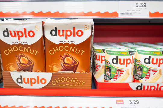 Duplo chocnut chocolate assortment at store shelf in supermarket, price increase of sweets, inflation and sugar tax, Trier, Germany