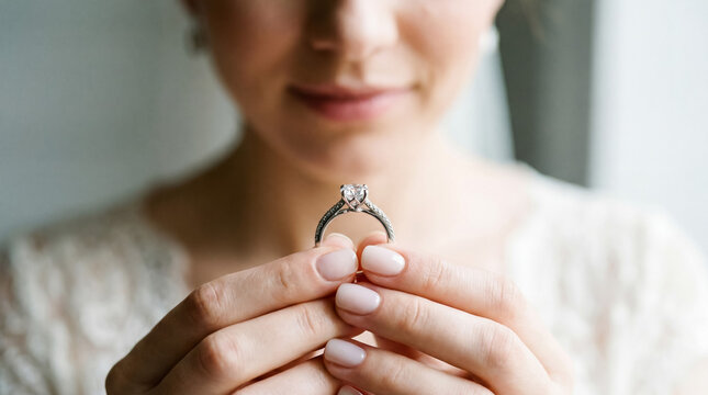 Woman holding up an elegant diamond ring representing engagement, commitment, and future wedding celebration