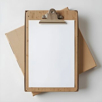 A wooden clipboard with a blank white delivery receipt form resting on a box, perfect for copy space