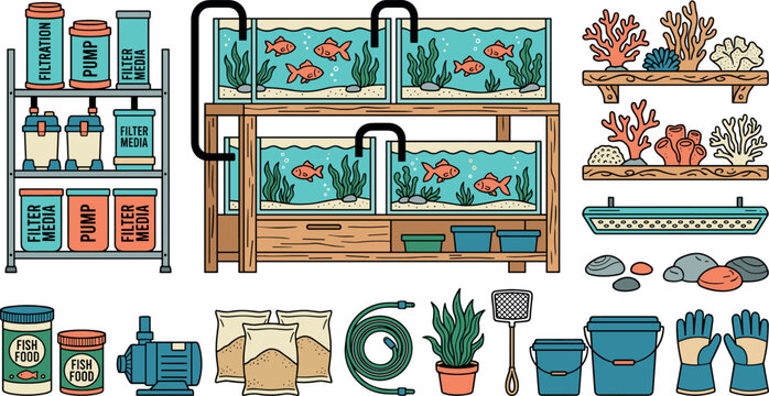 Aquarium shop breeding system vector illustration featuring fish tanks, water filtration racks, coral shelves, and pet care accessories.