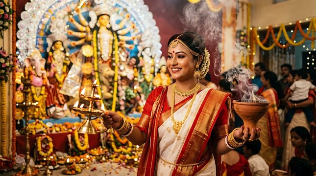 Durga puja celebration indian woman performing aarti with traditional attire