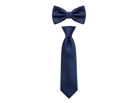 Elegant navy blue bow tie and a matching necktie featuring a refined textured fabric design presented on a clean white background for formal fashion photography and professional styling for men and fo