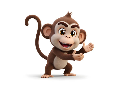 Cheerful cartoon monkey waving hand, friendly and playful character with expressive face, 3D animation style