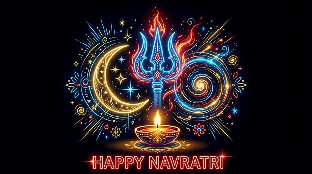 Vibrant durga puja navratri illustration trident crescent moon and diwali lamp
