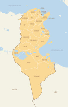 color political map of Tunisia with administrative divisions provinces (governorates), detailed vector illustration