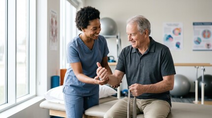 Fototapeta premium Physiotherapist helping senior patient with arm exercise in clinic, physical therapy session, rehabilitation treatment, elderly man with walking stick, healthcare professional