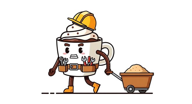 Cartoon robot delivering a package outdoors.