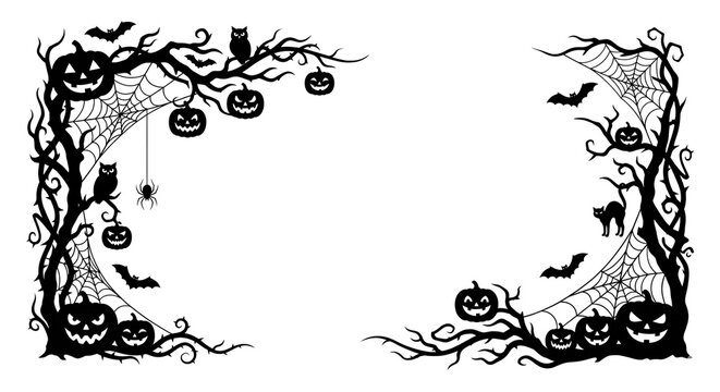 Spooky panoramic line art frame with halloween elements