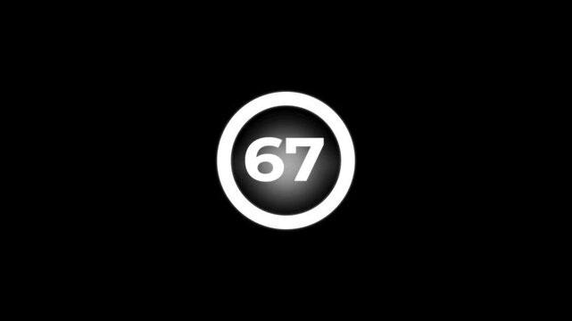 Large white number 67 circled prominently displayed for countdown or numerical sequence in modern minimalist with black background.4k animated video.