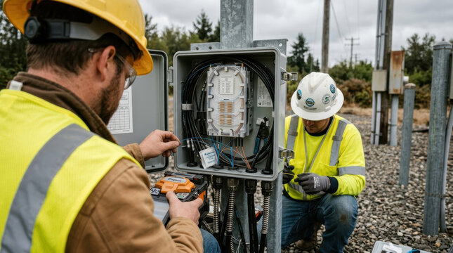 Fiber engineer technician cable cabinet splice tool safety hard hat vest Fiber engineer and technician working cable cabinet splice with tool, safety hard hat and vest outdoor utility site