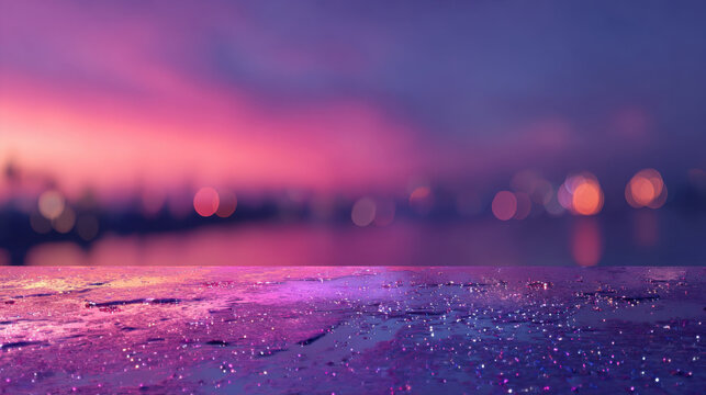 Abstract background with wet asphalt concrete surface reflecting colorful purple pink sunset light and blurry bokeh city lights night city skyline reflection empty template copy space banner