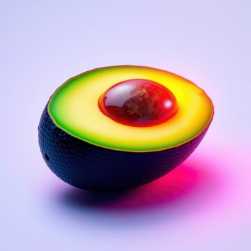 Vibrant avocado half displays rainbow hues. Bright colors contrast against soft light, creating surreal food art.