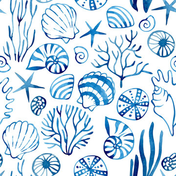 Seamless pattern with blue seaweed and shell. Watercolor illustration.