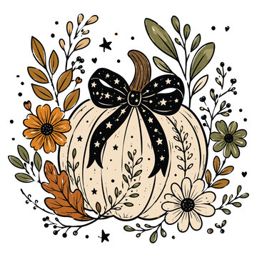 Creamy autumn pumpkin with black star bow surrounded by foliage and flowers for fall harvest celebration