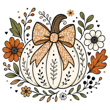 Creamy autumn pumpkin with black star bow surrounded by foliage and flowers for fall harvest celebration