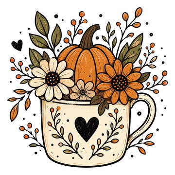 Cozy autumn pumpkin and flowers arrangement in a decorative mug during fall season