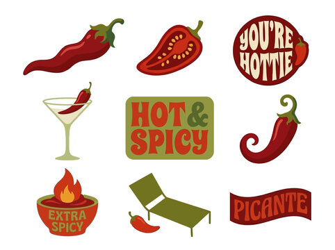 Vibrant red chili peppers and spicy food icons featuring retro typography on a clean white background