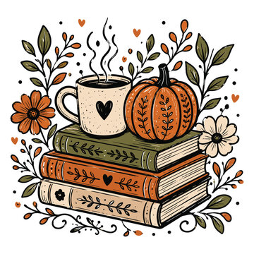 Cozy autumn scene with steaming coffee mug on stacked books and pumpkin surrounded by floral elements