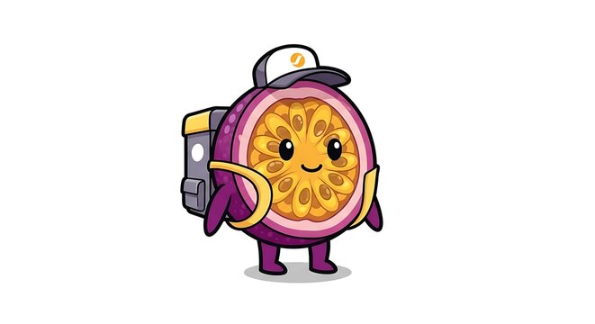 Cartoon yellow duck with purple hat and bag.