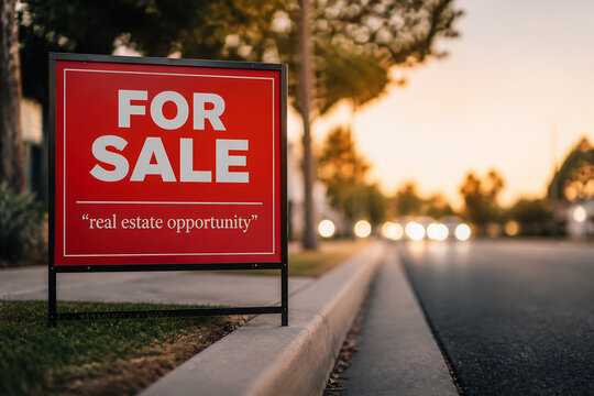 A red for sale sign sits on a curb along an asphalt road at sunset.