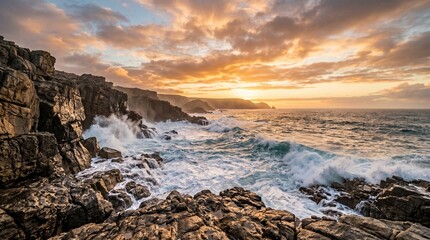 Fototapeta premium Dramatic Coastal Cliff Scene at Sunset with Powerful Ocean Waves
