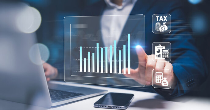 Business analysis cost comparison, Taxes payment, Businessman use Laptop and calculator for bookkeeping payroll and budget tax, Growth with financial graph, document finance accounting investment