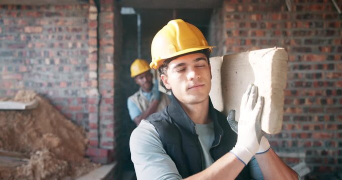 Carry, construction and men with beam on site for building project, property renovation or labor. Builder, team and wood material for industrial expansion, scaffolding or framework for infrastructure