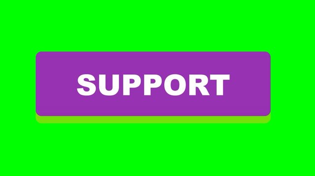 Animated purple button with white text support on a green screen background for easy compositing.