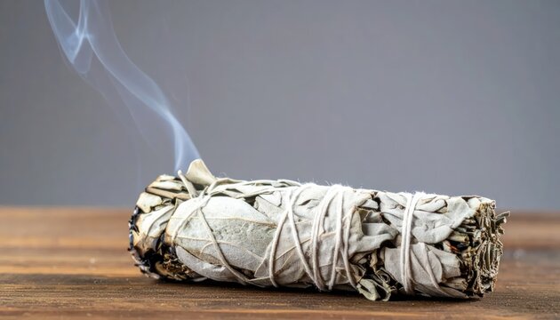 Smudging sage bundle on wooden table.