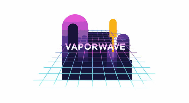 A futuristic VHS-style graphic with a grid pattern and bold typography