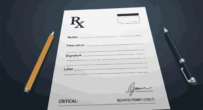 A prescription form template with a pencil and pen