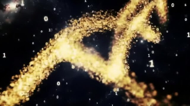 Abstract Golden DNA Helix with Binary Code in Cosmic Nebula Background