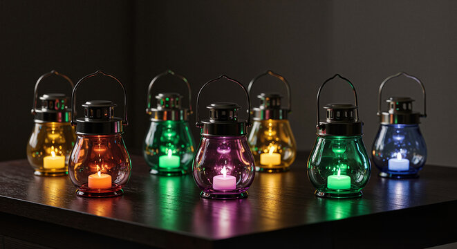 Colorful lanterns glowing on dark wooden table in cozy setting  